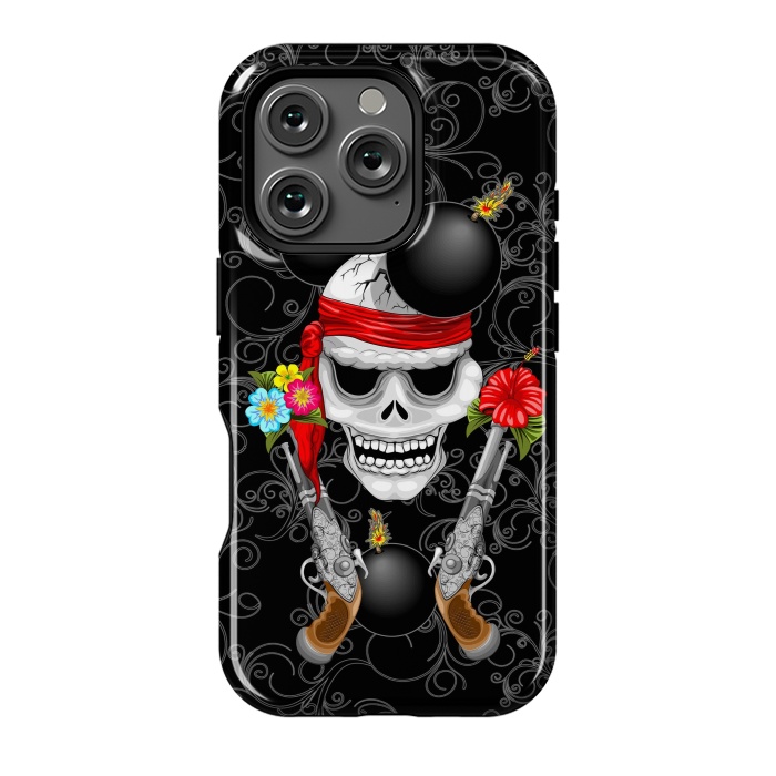 iPhone 16 Pro StrongFit Pirate Skull, Ancient Guns, Flowers and Cannonballs by BluedarkArt