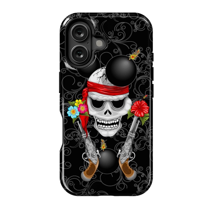 iPhone 16 StrongFit Pirate Skull, Ancient Guns, Flowers and Cannonballs by BluedarkArt