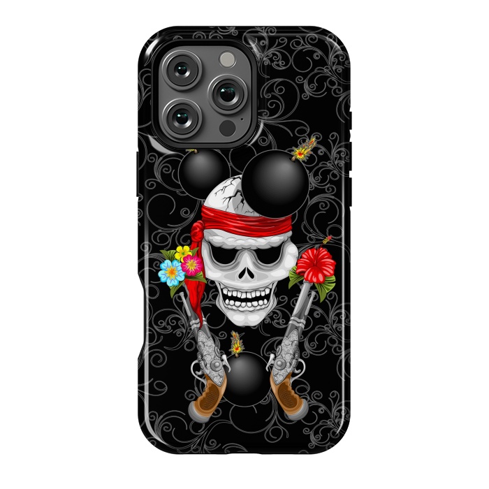 iPhone 16 Pro Max StrongFit Pirate Skull, Ancient Guns, Flowers and Cannonballs by BluedarkArt