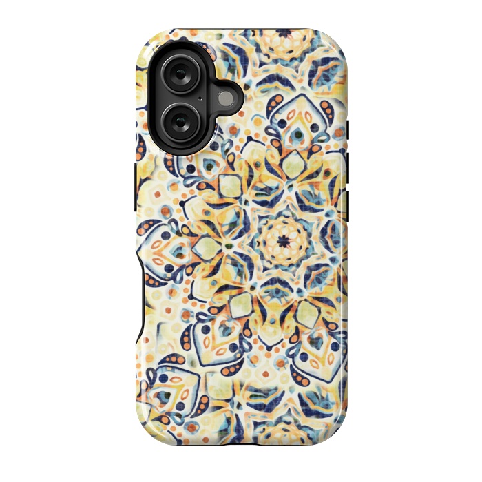 iPhone 16 StrongFit Stained Glass Mandala - Mustard Yellow & Navy  by Tigatiga