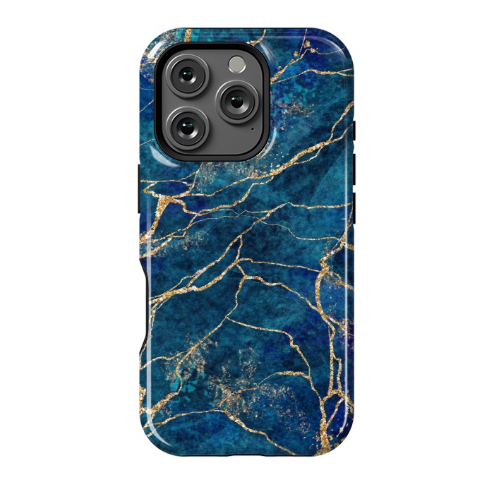 iPhone 16 Pro StrongFit Blue Marble with Gold Glitter Veins Fake Stone Texture by ArtsCase