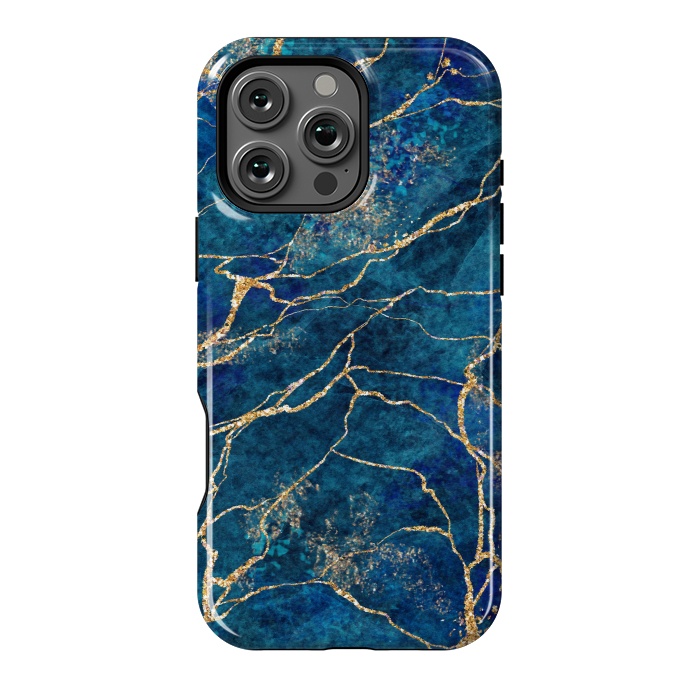 iPhone 16 Pro Max StrongFit Blue Marble with Gold Glitter Veins Fake Stone Texture by ArtsCase