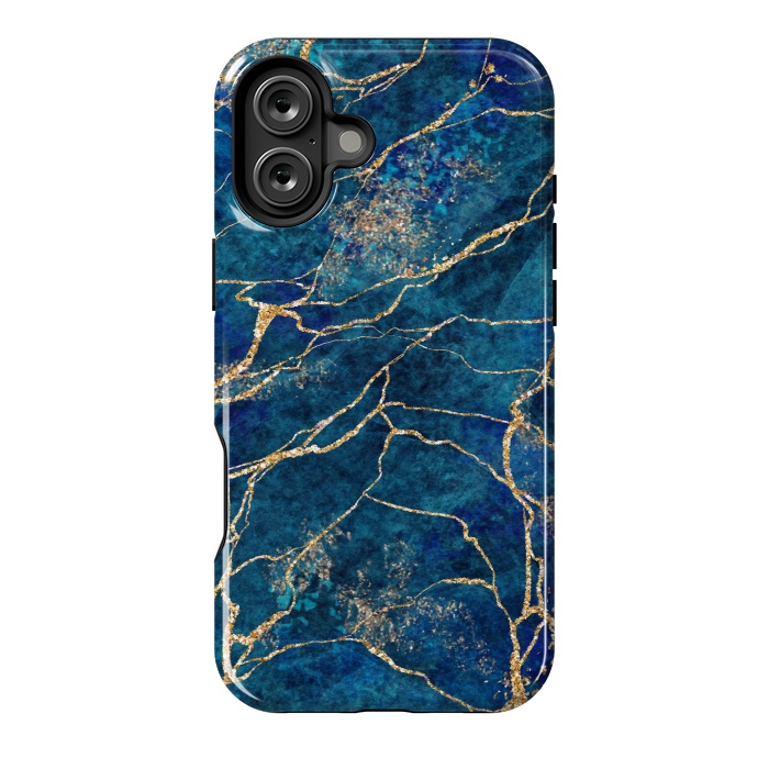 iPhone 16 Plus StrongFit Blue Marble with Gold Glitter Veins Fake Stone Texture by ArtsCase