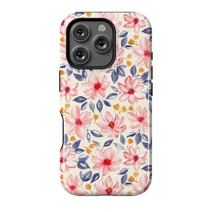 iPhone 16 Pro StrongFit Navy, Gold & Pink Watercolor Floral - Cream  by Tigatiga