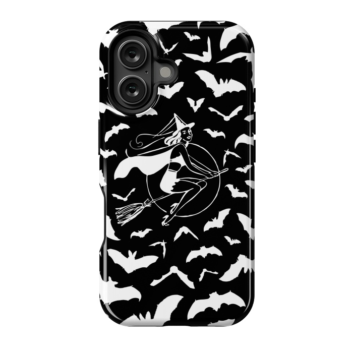 iPhone 16 StrongFit Pin-up witch and flying bats pattern by Oana 