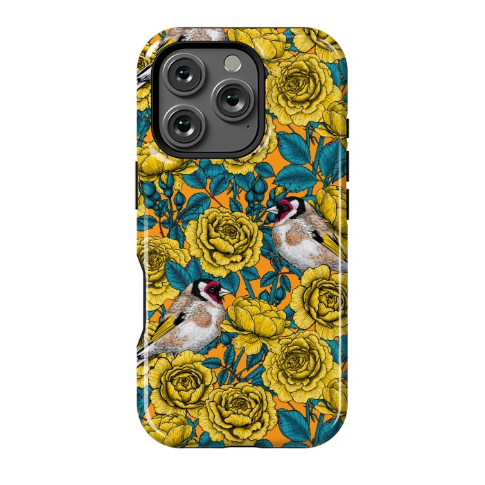 iPhone 16 Pro StrongFit Rose flowers and goldfinch birds by Katerina Kirilova