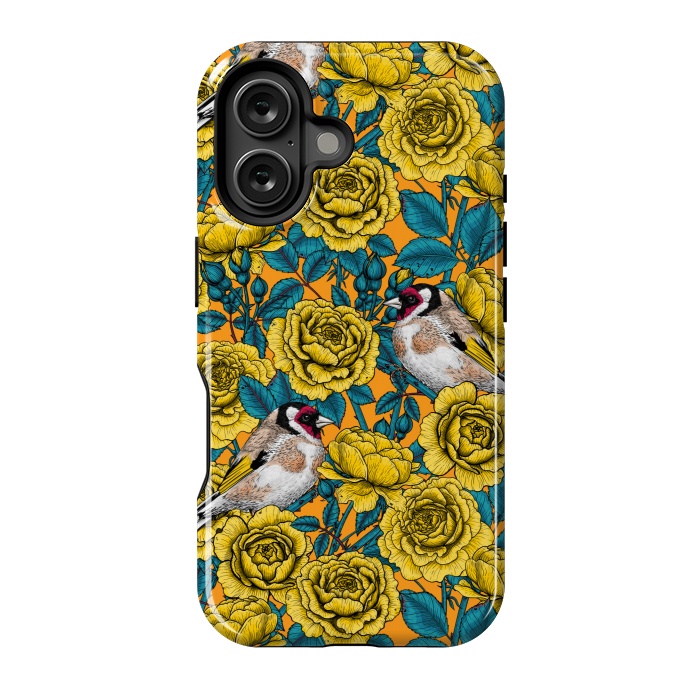 iPhone 16 StrongFit Rose flowers and goldfinch birds by Katerina Kirilova