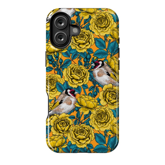 iPhone 16 Plus StrongFit Rose flowers and goldfinch birds by Katerina Kirilova