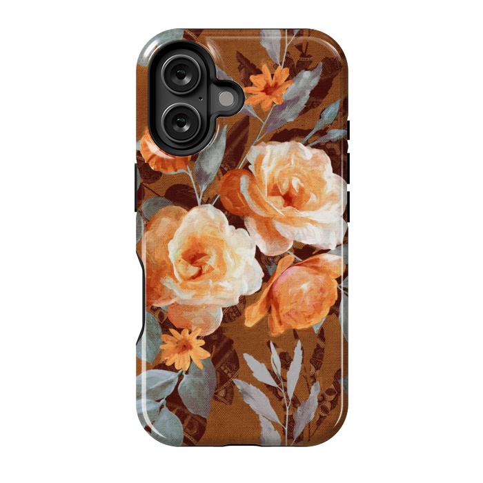 iPhone 16 StrongFit Chintz Roses on Rust Brown by Micklyn Le Feuvre