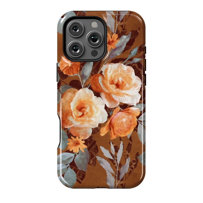 iPhone 16 Pro Max StrongFit Chintz Roses on Rust Brown by Micklyn Le Feuvre