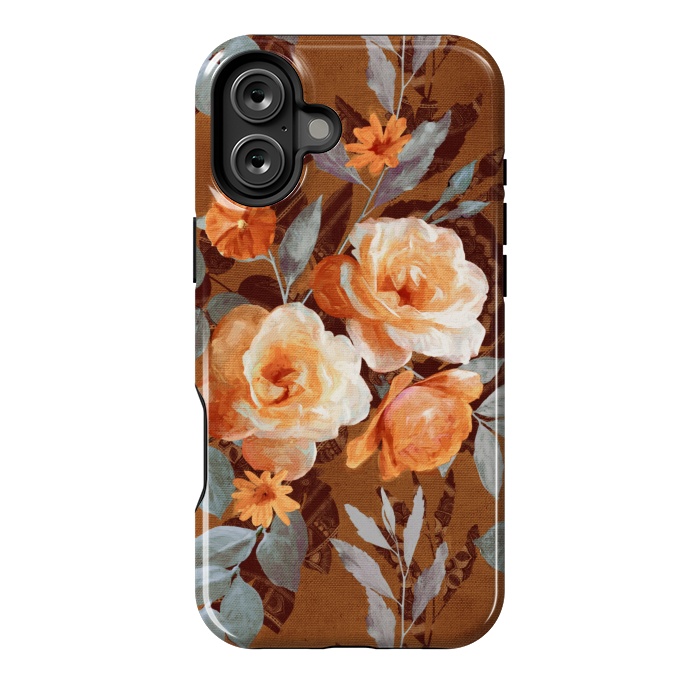 iPhone 16 Plus StrongFit Chintz Roses on Rust Brown by Micklyn Le Feuvre