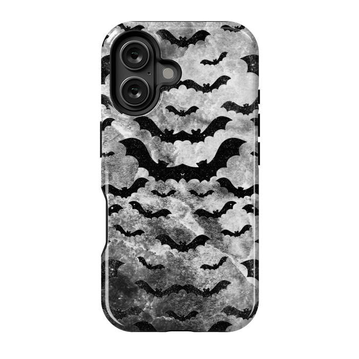 iPhone 16 StrongFit Black star dust bats pattern on monochrome marble by Oana 