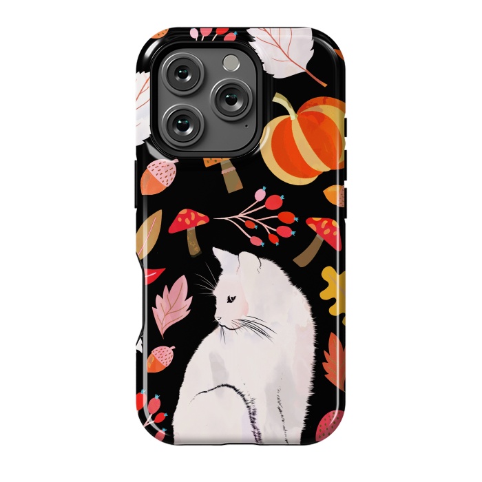 iPhone 16 Pro StrongFit Autumn nature pattern with white cat by Oana 