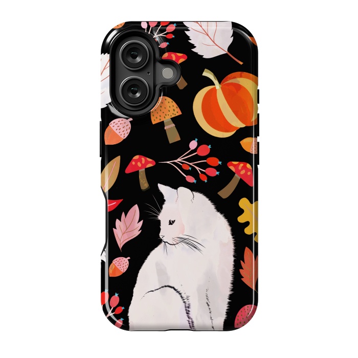 iPhone 16 StrongFit Autumn nature pattern with white cat by Oana 