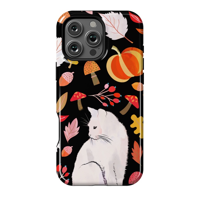 iPhone 16 Pro Max StrongFit Autumn nature pattern with white cat by Oana 