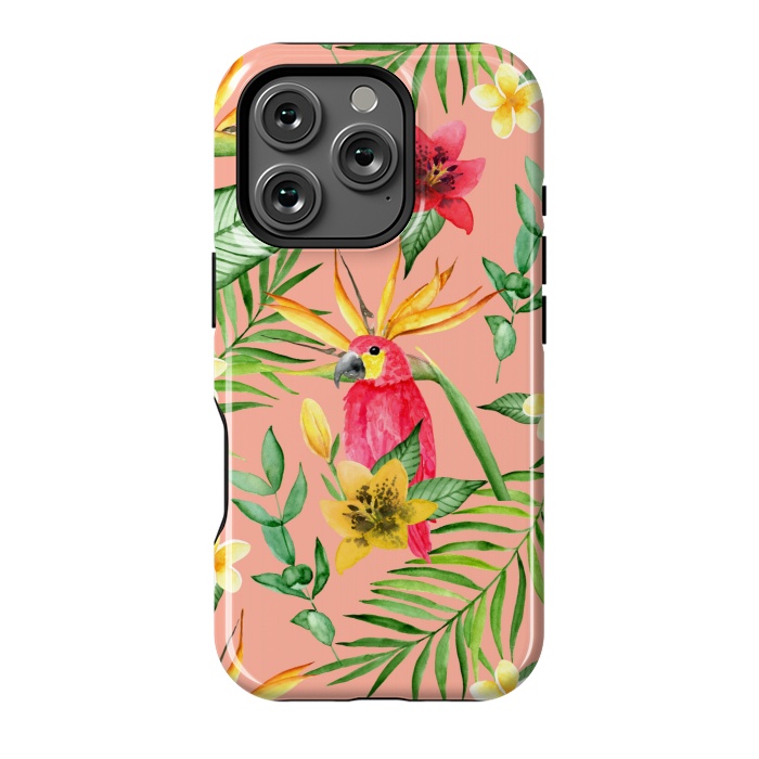 iPhone 16 Pro StrongFit Red parrot and tropical leaves by Julia Badeeva