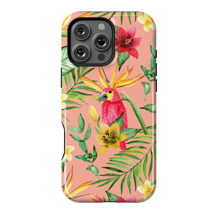 iPhone 16 Pro Max StrongFit Red parrot and tropical leaves by Julia Badeeva