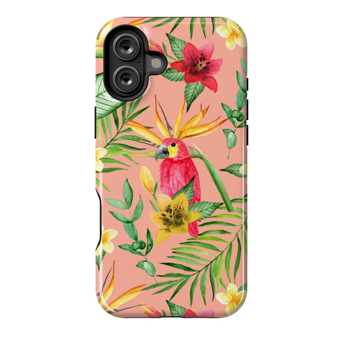 iPhone 16 Plus StrongFit Red parrot and tropical leaves by Julia Badeeva