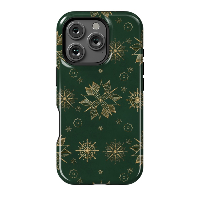 iPhone 16 Pro StrongFit Elegant Gold Green Poinsettias Snowflakes Winter Design by InovArts