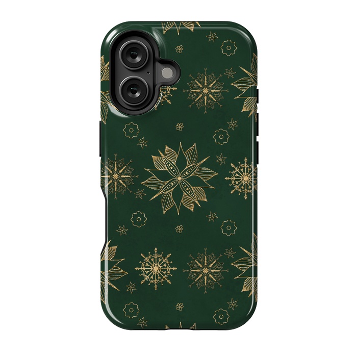 iPhone 16 StrongFit Elegant Gold Green Poinsettias Snowflakes Winter Design by InovArts