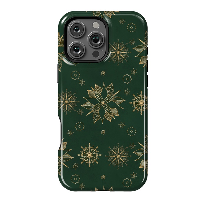 iPhone 16 Pro Max StrongFit Elegant Gold Green Poinsettias Snowflakes Winter Design by InovArts