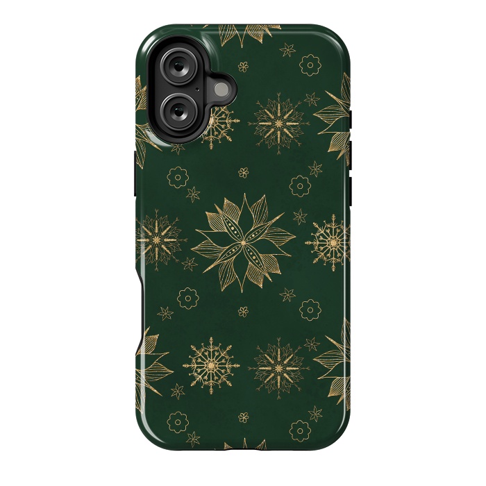 iPhone 16 Plus StrongFit Elegant Gold Green Poinsettias Snowflakes Winter Design by InovArts