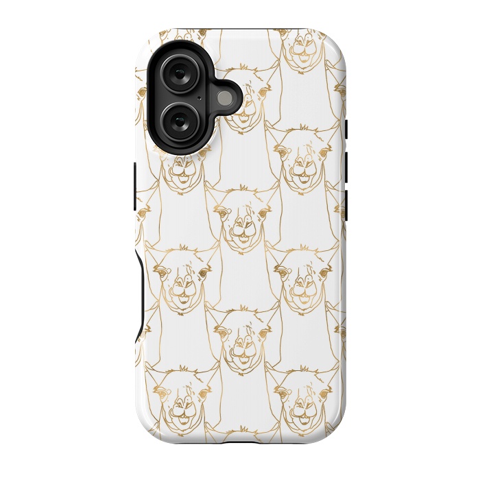 iPhone 16 StrongFit Cute Gold Strokes Llama Animal White Pattern by InovArts