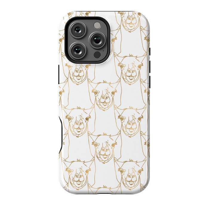 iPhone 16 Pro Max StrongFit Cute Gold Strokes Llama Animal White Pattern by InovArts