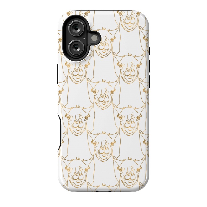 iPhone 16 Plus StrongFit Cute Gold Strokes Llama Animal White Pattern by InovArts