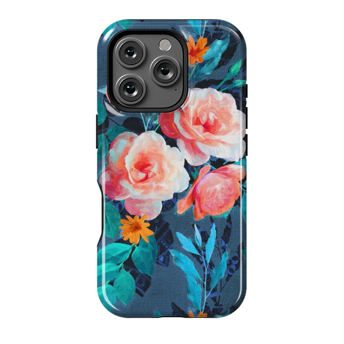 iPhone 16 Pro StrongFit Retro Rose Chintz in Radiant Coral on Blue by Micklyn Le Feuvre