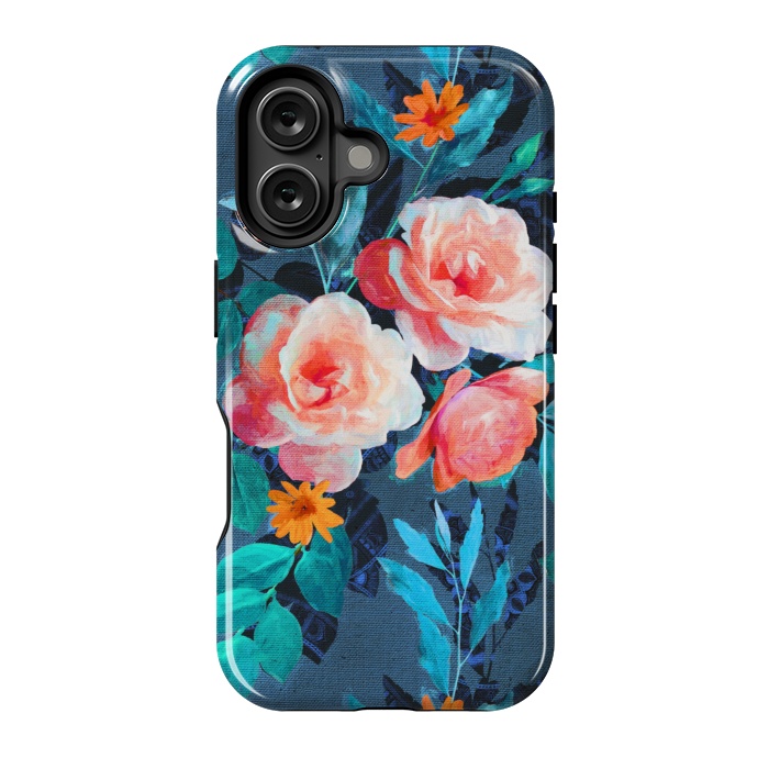 iPhone 16 StrongFit Retro Rose Chintz in Radiant Coral on Blue by Micklyn Le Feuvre