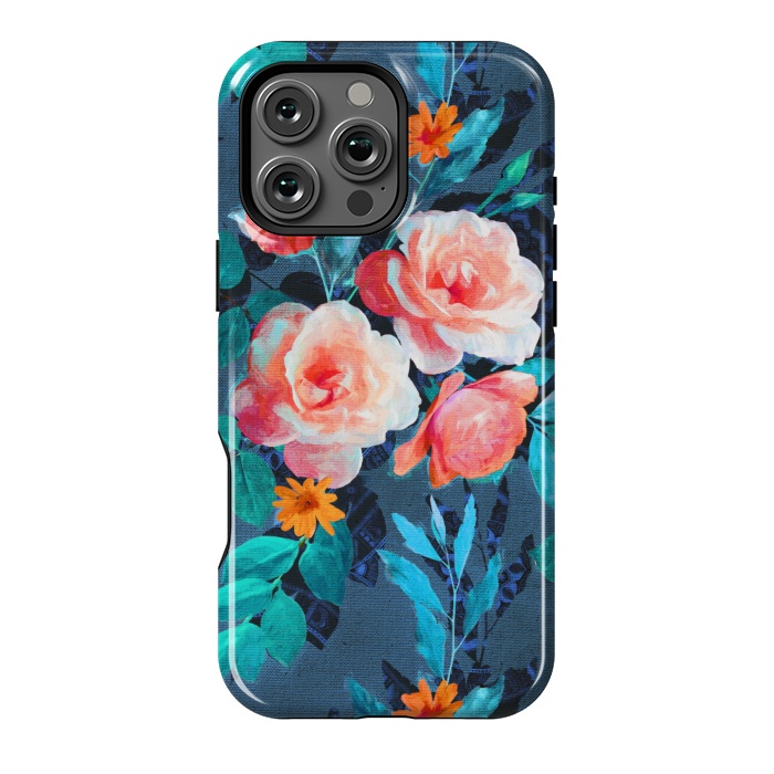 iPhone 16 Pro Max StrongFit Retro Rose Chintz in Radiant Coral on Blue by Micklyn Le Feuvre