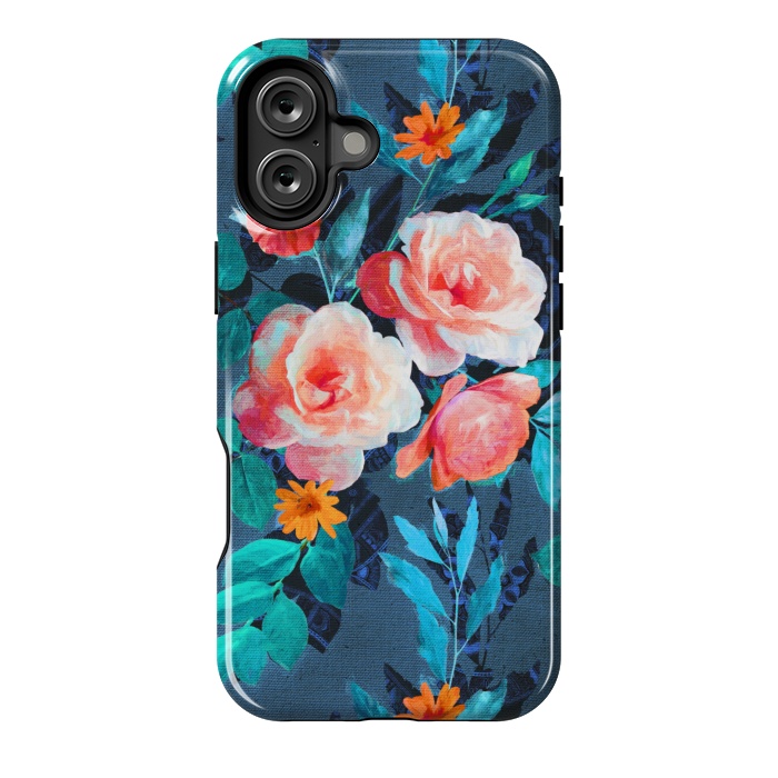 iPhone 16 Plus StrongFit Retro Rose Chintz in Radiant Coral on Blue by Micklyn Le Feuvre