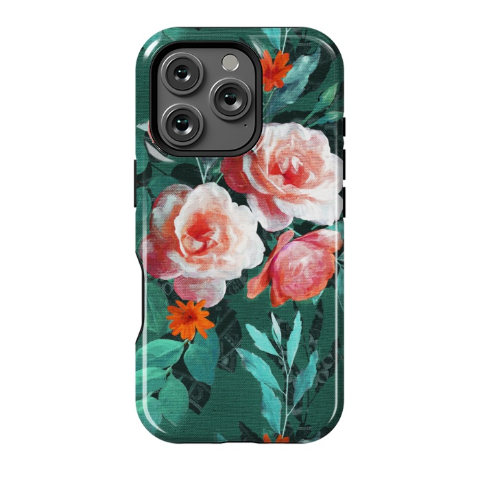 iPhone 16 Pro StrongFit Retro Rose Chintz in Melon Pink on Dark Emerald Green by Micklyn Le Feuvre