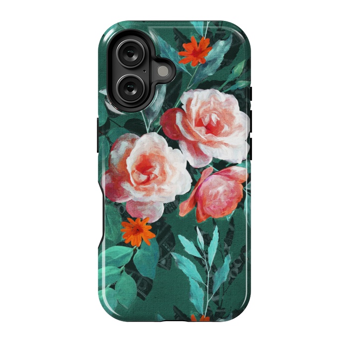 iPhone 16 StrongFit Retro Rose Chintz in Melon Pink on Dark Emerald Green by Micklyn Le Feuvre