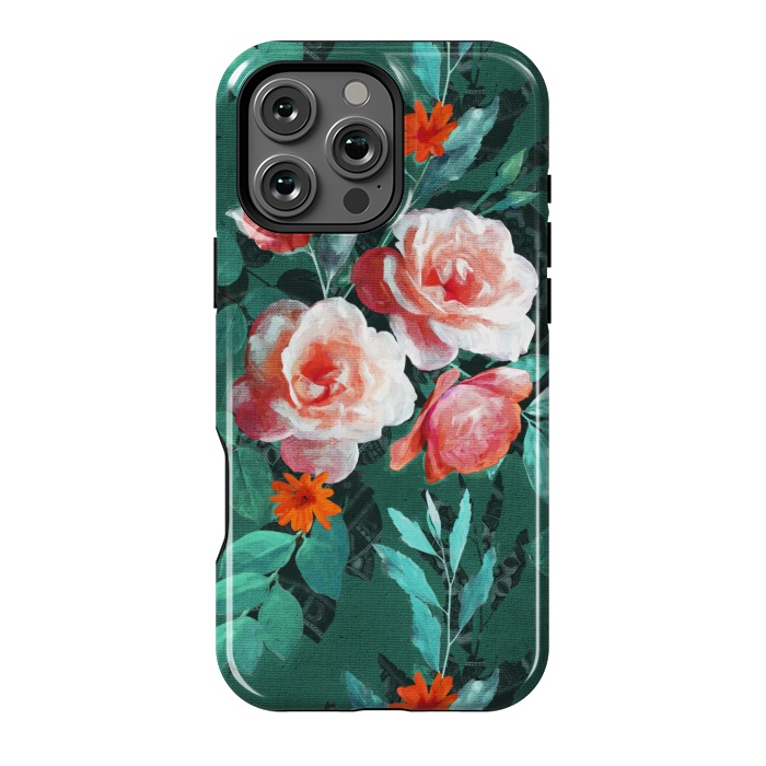 iPhone 16 Pro Max StrongFit Retro Rose Chintz in Melon Pink on Dark Emerald Green by Micklyn Le Feuvre