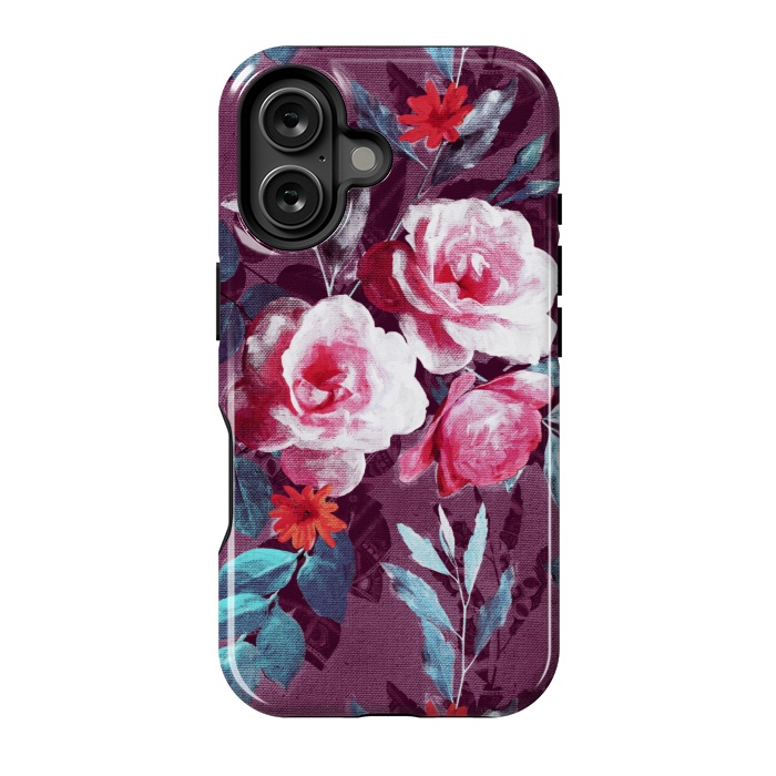 iPhone 16 StrongFit Retro Rose Chintz in Magenta and Plum by Micklyn Le Feuvre