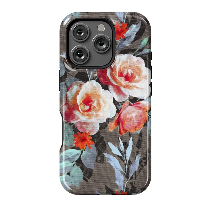 iPhone 16 Pro StrongFit Retro Rose Chintz in Scarlet, Peach, Sage and Grey by Micklyn Le Feuvre