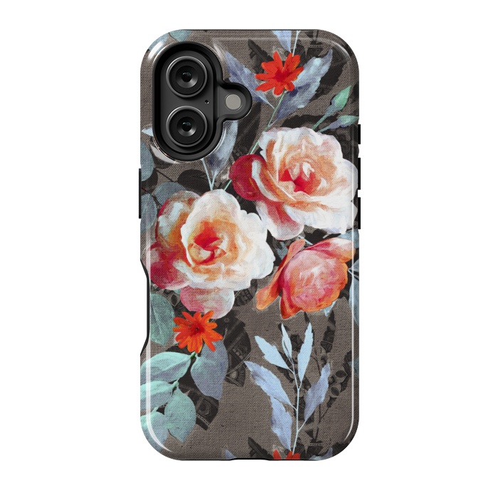 iPhone 16 StrongFit Retro Rose Chintz in Scarlet, Peach, Sage and Grey by Micklyn Le Feuvre