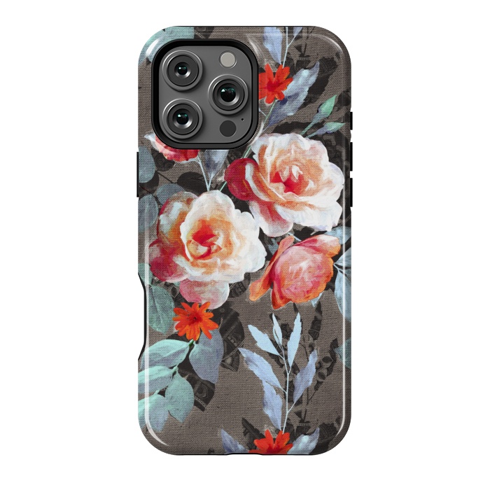 iPhone 16 Pro Max StrongFit Retro Rose Chintz in Scarlet, Peach, Sage and Grey by Micklyn Le Feuvre