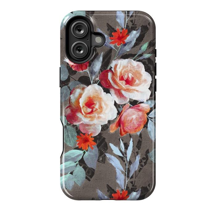 iPhone 16 Plus StrongFit Retro Rose Chintz in Scarlet, Peach, Sage and Grey by Micklyn Le Feuvre