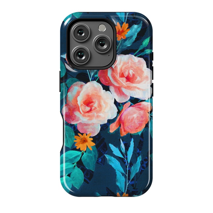 iPhone 16 Pro StrongFit Retro Rose Chintz in Bright Coral and Peach on Indigo Blue by Micklyn Le Feuvre