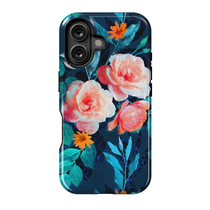 iPhone 16 StrongFit Retro Rose Chintz in Bright Coral and Peach on Indigo Blue by Micklyn Le Feuvre