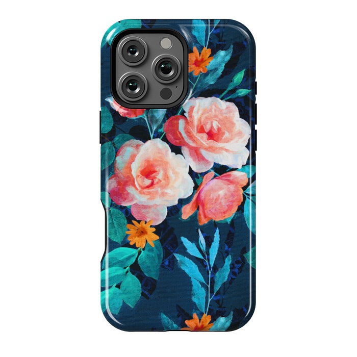 iPhone 16 Pro Max StrongFit Retro Rose Chintz in Bright Coral and Peach on Indigo Blue by Micklyn Le Feuvre