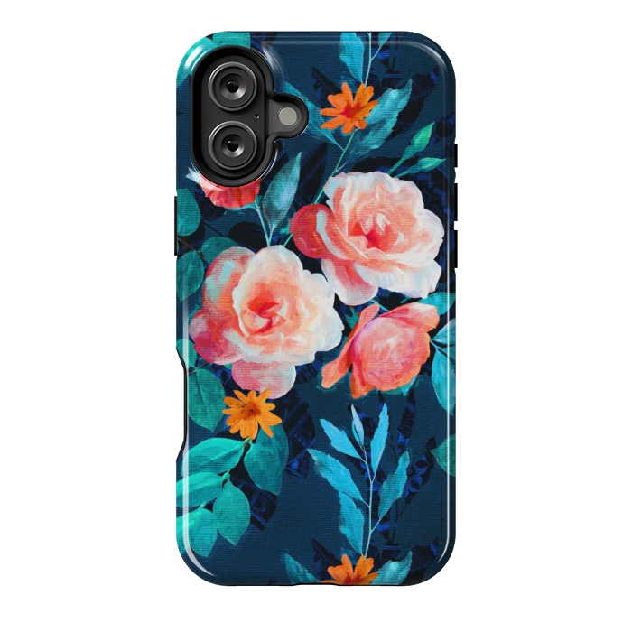 iPhone 16 Plus StrongFit Retro Rose Chintz in Bright Coral and Peach on Indigo Blue by Micklyn Le Feuvre