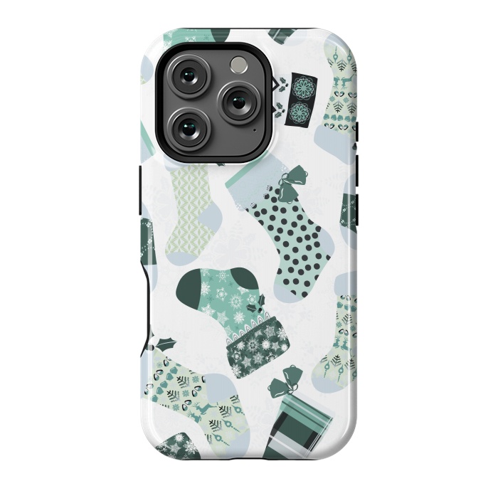 iPhone 16 Pro StrongFit Christmas Stockings in Green and White by Paula Ohreen