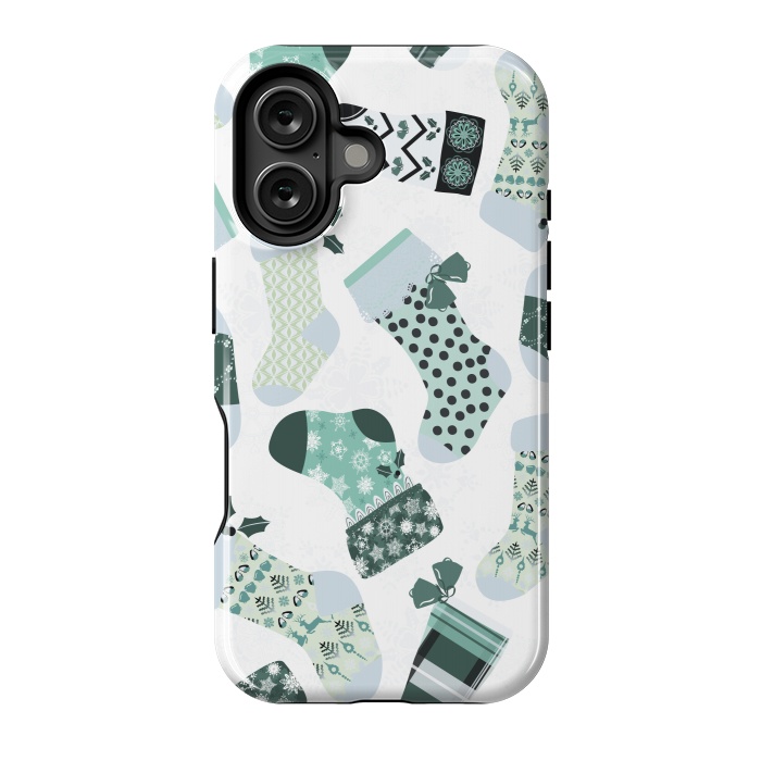 iPhone 16 StrongFit Christmas Stockings in Green and White by Paula Ohreen