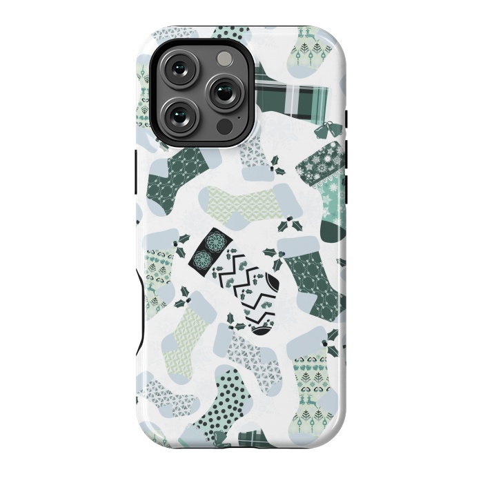 iPhone 16 Pro Max StrongFit Christmas Stockings in Green and White by Paula Ohreen