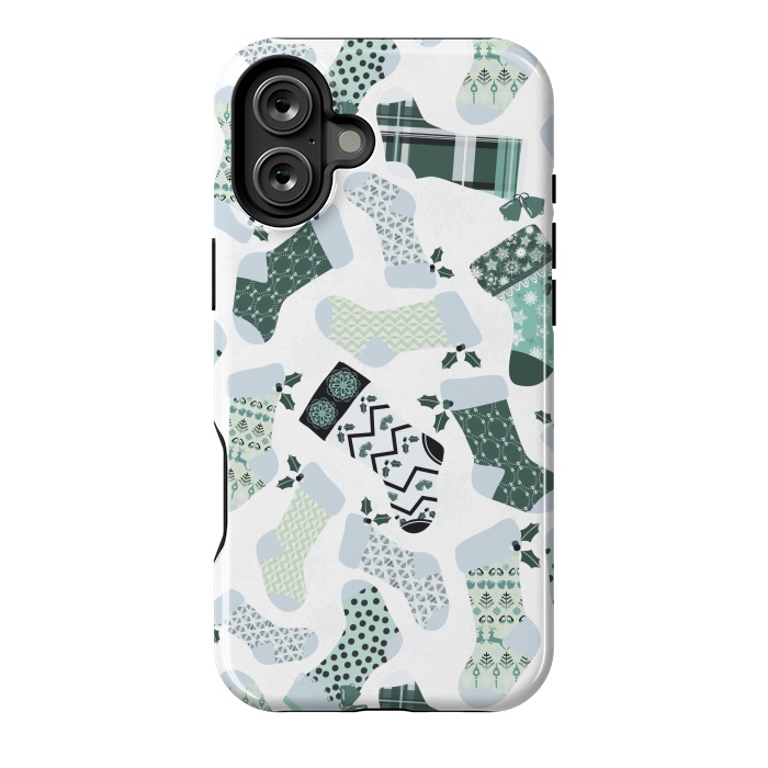 iPhone 16 Plus StrongFit Christmas Stockings in Green and White by Paula Ohreen