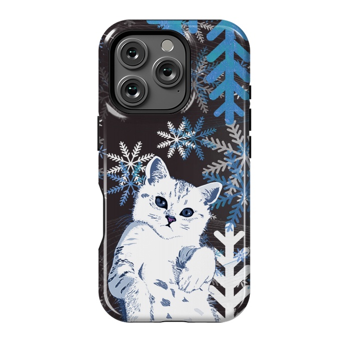 iPhone 16 Pro StrongFit Cute kitty with blue metallic snowflakes by Oana 